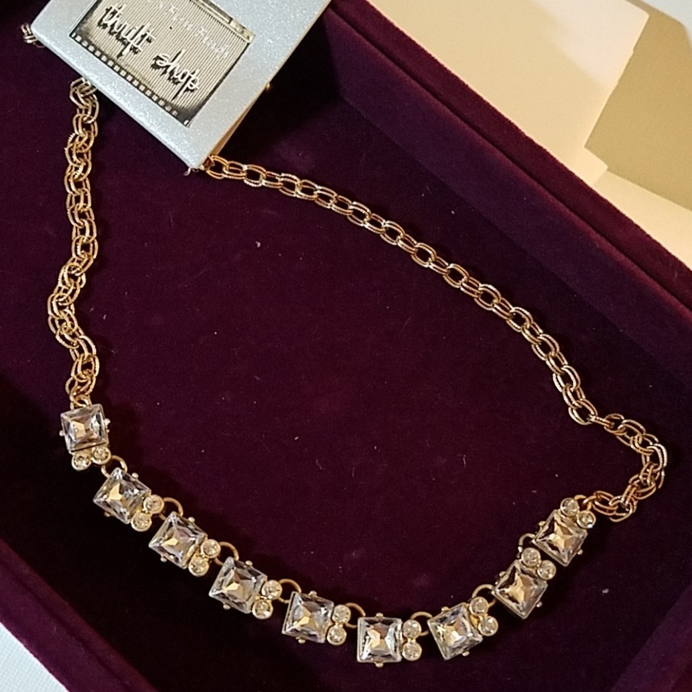 Gold Tone Large & Small Faux Diamond Stone Necklace 17"